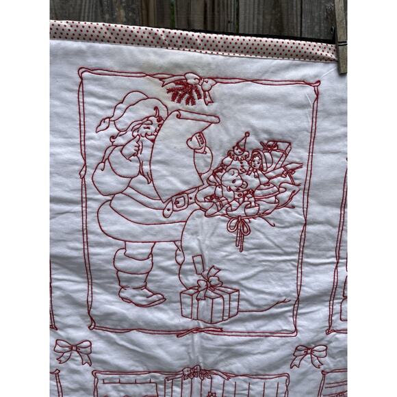Kids Santa Christmas Throw Wall Hanging Red Work Embroidery Retro 1920s Style - Picture 5 of 10